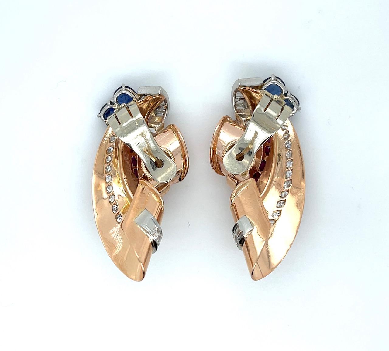 Retro 2ct Dia 14K Rose Gold+PT Earrings (c:1940s) 1ct Rby 1.25ct Sap 2ct Dia