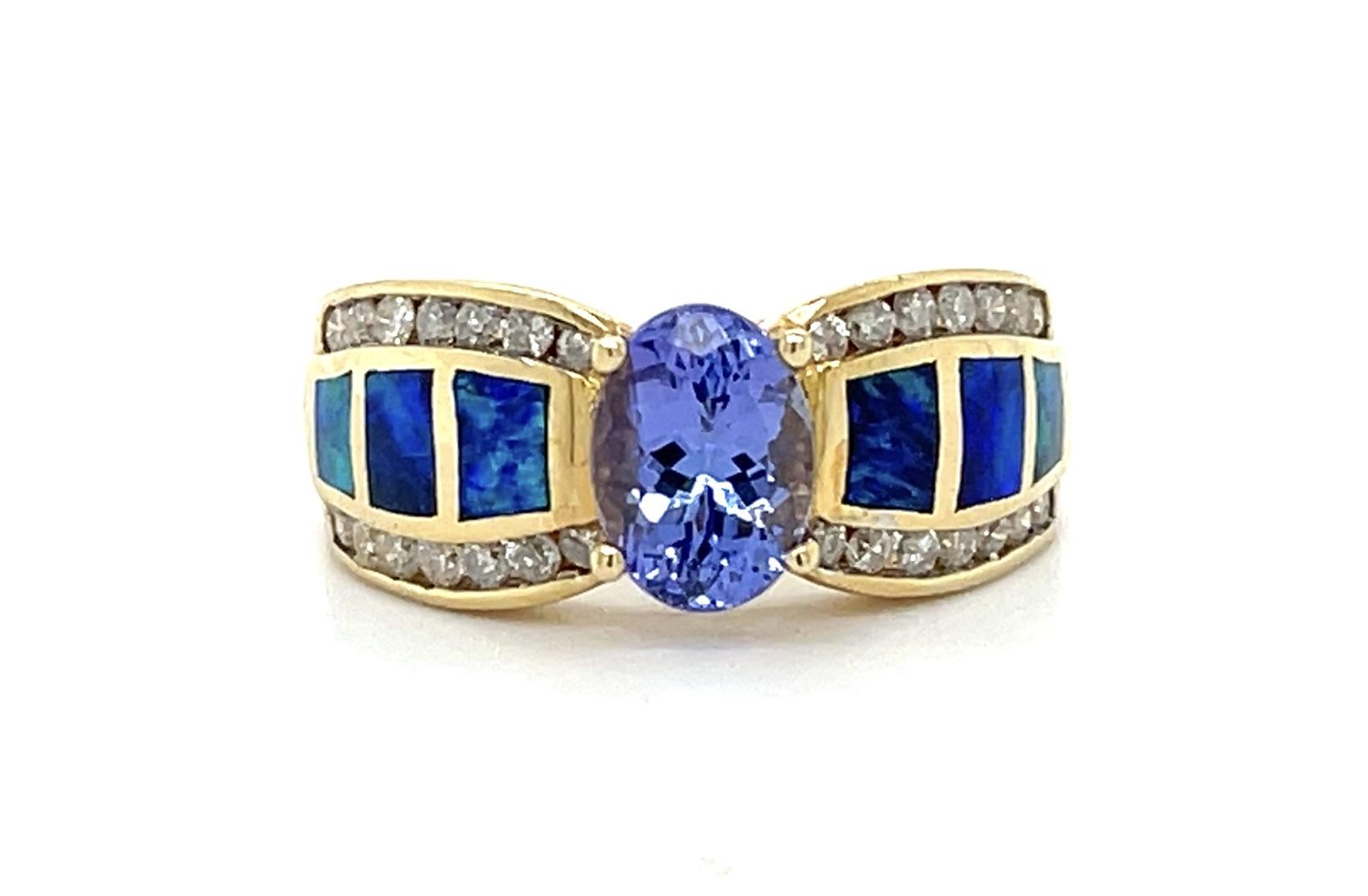 .90ct Tanzanite 14KY Estate Ring Inlaid Opal, .36ct Dia 6 Size 5.18g