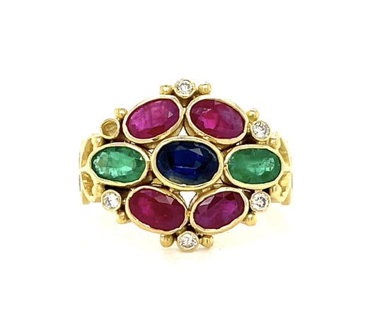 1.50ct Ruby, Emerald, Sapphire 18KY Estate Ring 7.25 Size 5.20g