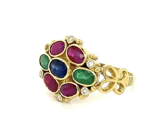 1.50ct Ruby, Emerald, Sapphire 18KY Estate Ring 7.25 Size 5.20g