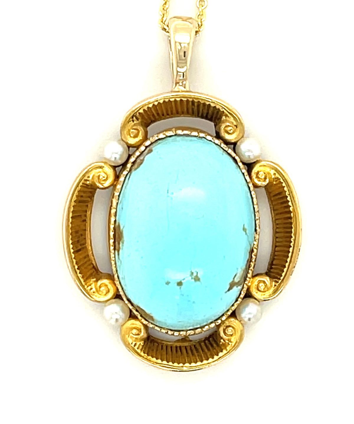Estate  10.00ct Turquoise &  Pearl 18KY  7.60gr Victorian Pendant Circa 1880s