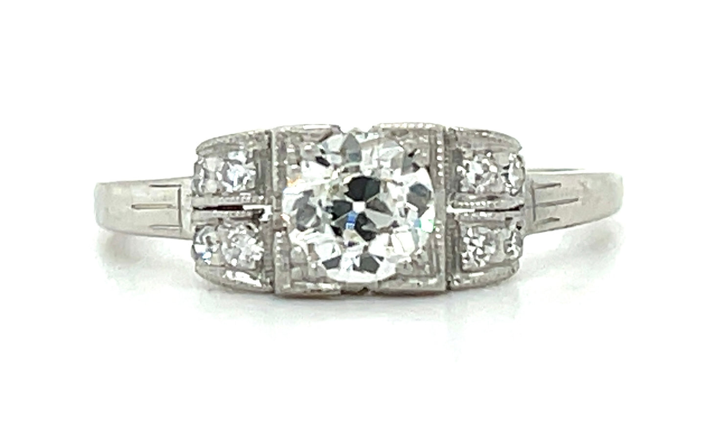 Art Deco .50ct European-cut Diamond PT  Ring Circa 1920s .16ct Sd