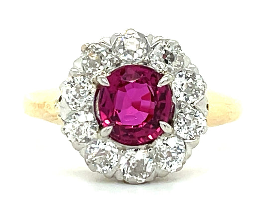 1.04ct Ruby & 1.00ctw Diamond Old Mine Cut PT/18K 4.30gr Edwardian Ring 1900s