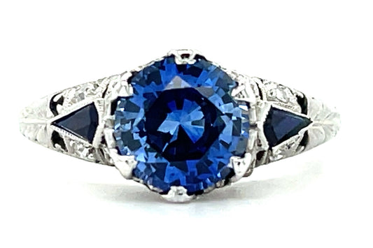 Art Deco 2.11ct Sapphire .20ctw Diamond PT Ring (Antique 1920s) 3.70gr Size 6.50
