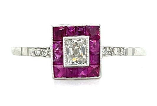 .19ct Diamond Old Mine Cut & 0.44ctw Ruby PT 2.20gr Ring Handmade