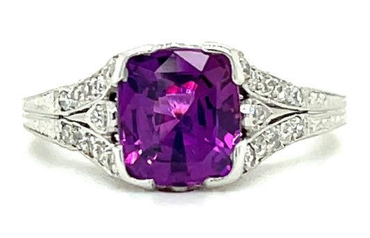 Estate  2.06ct Pink Sapphire Cushion &  0.40ctw Diamond PT  Art Deco Ring Circa