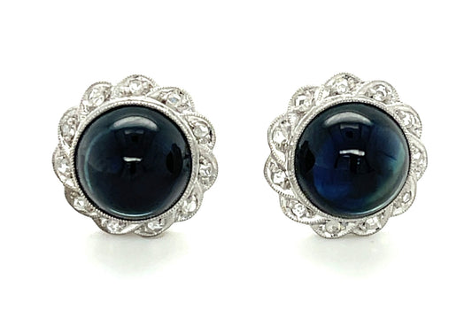 6.50ct Sapphire Cabochon & 0.42ctw Diamond PT 4.20gr Art Deco Earrings 1920s