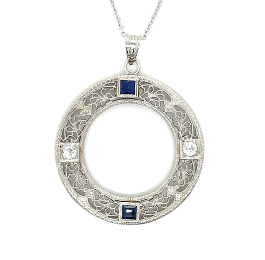 .30ct Diamond .44ctw Sapphire 14KW 5.80gr Art Deco Pendant Circa 1920s