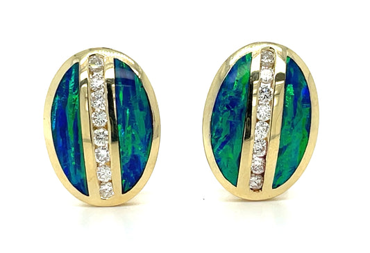 Kabana Inspired Inlaid Opal & .50ct Diamond 14KY Earrings