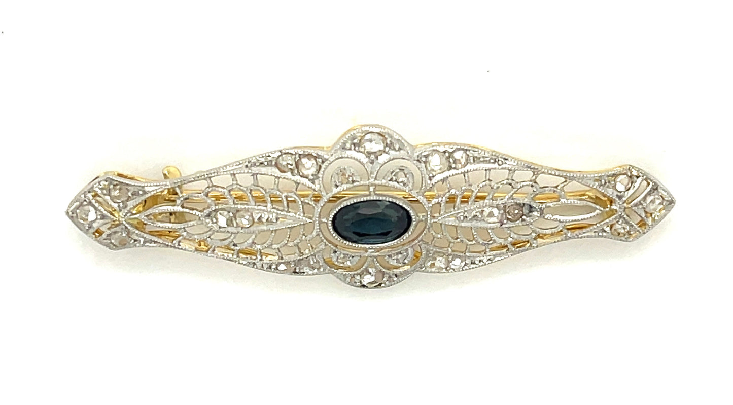 0.50ct Sapphire &  0.75ctw Diamond Rose-Cut  PT/18K  4.20gr Edwardian Brooch