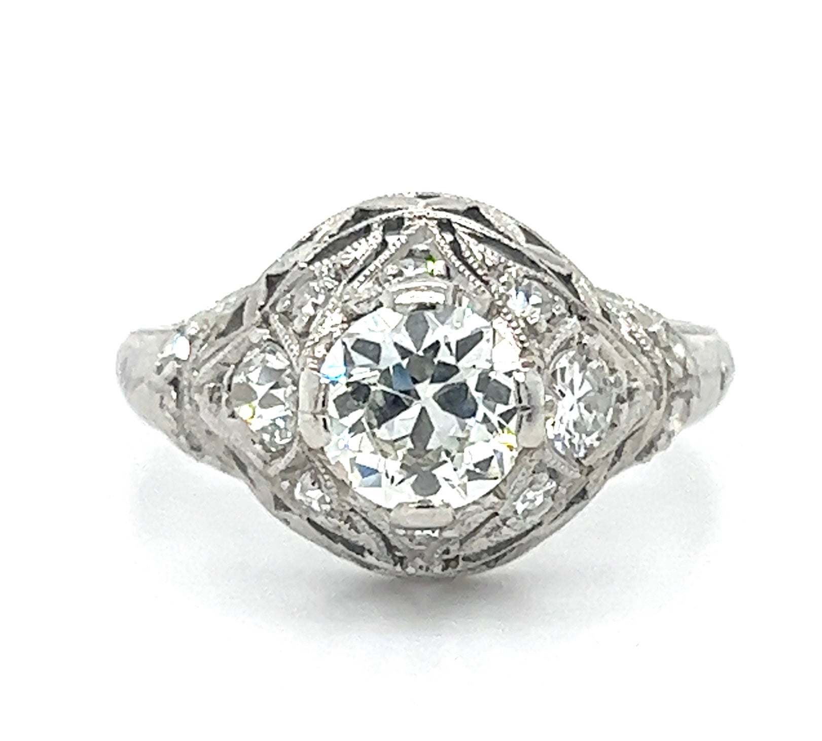 Estate  1.00ct Diamond & SD 0.25ctw PT  3.60gr Art Deco Ring Circa 1920s Size 7