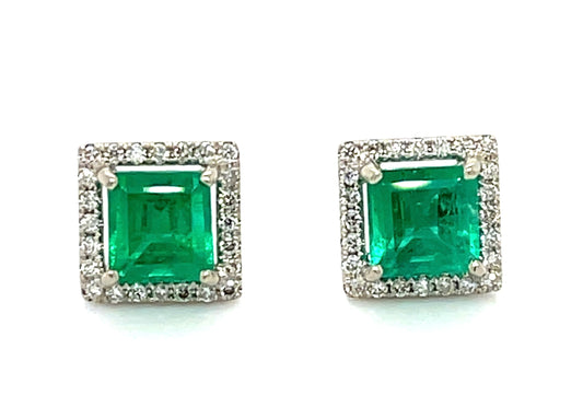1.57ct Colombian Emerald & 0.20ctw Diamond 14KW 2.40gr Stud Earrings