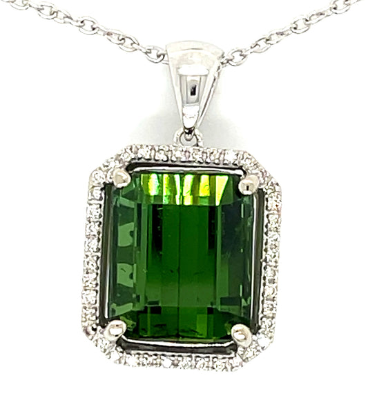 8.45ct Green Tourmaline Cushion &  0.16ctw Diamond 14KW  5.80gr Pendant
