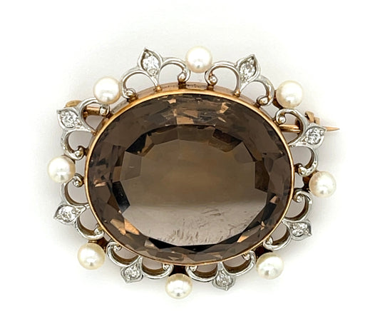 Estate  21.50ct Smoky Quartz &  0.30ctw Diamond PT/18K  12.20gr Edwardian Brooch