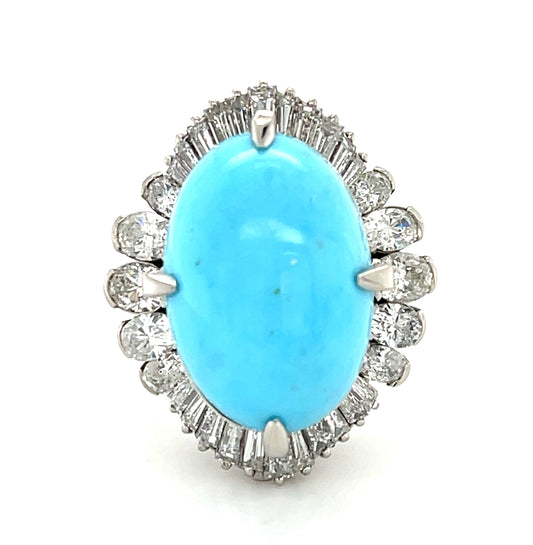 Estate  13.00ct Turquoise PT  14.51gr Ring Circa 1970s 1.22ct+1.30ct Dia Size 6.