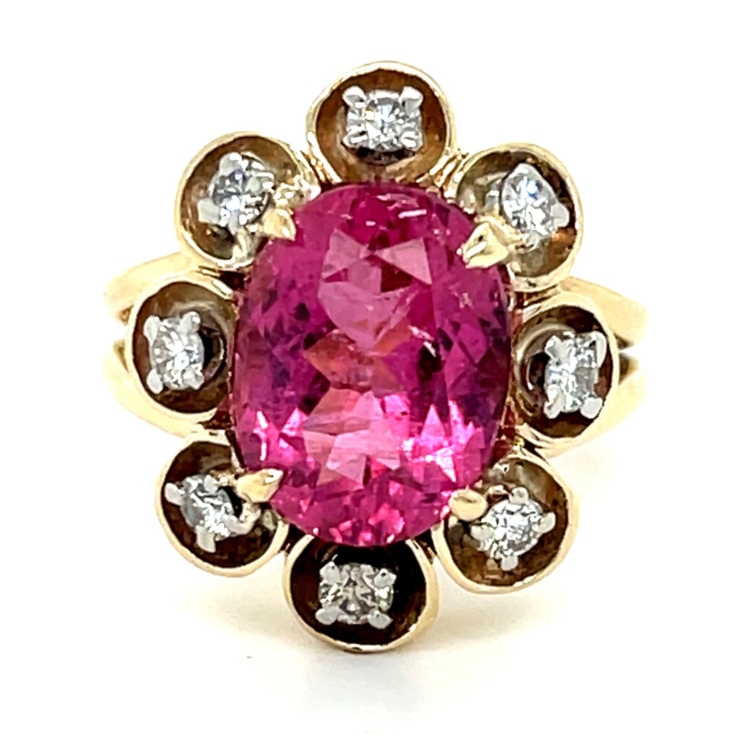 4.75ct Tourmaline & 0.60ctw Diamond 14KY 2 Tone Gold 7.20gr Ring Circa 1960s
