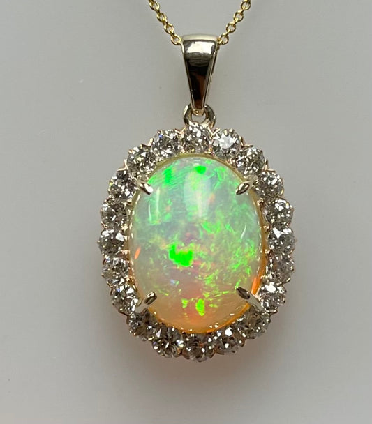 Victorian 7.40ct Opal & 2.40ctw Diamond 18KY 6.00gr Pendant Circa 1890s