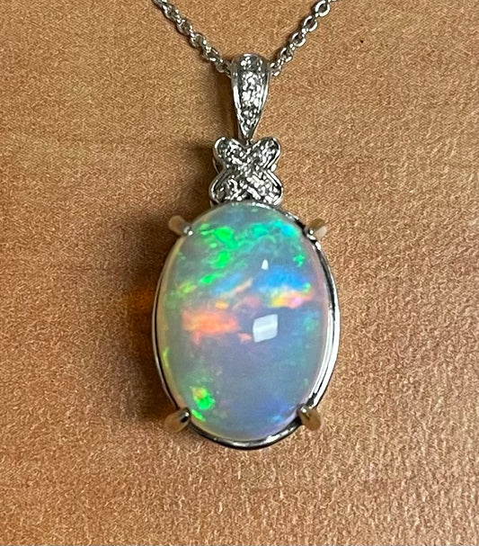 6.96ct Opal &  0.06ctw Diamond 14KW  4.89gr Pendant Length 16