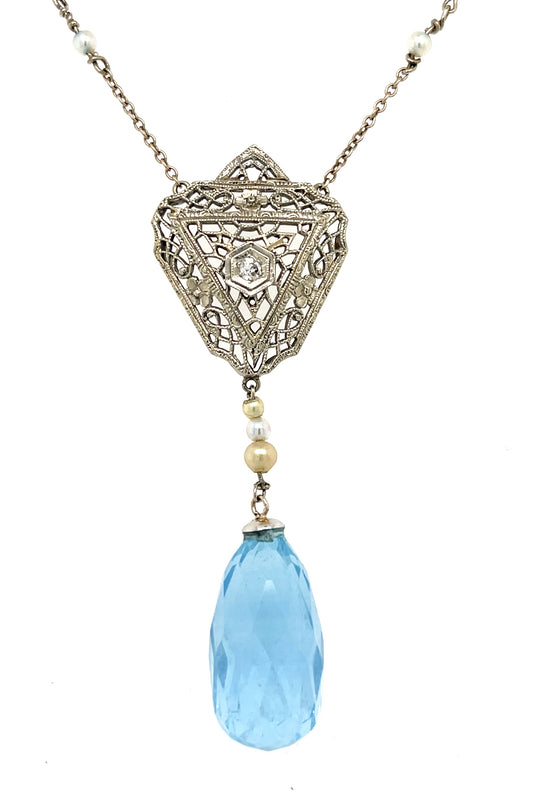 Art Deco 15ct Aquamarine Briolette 14KW Pendant Circa 1920s