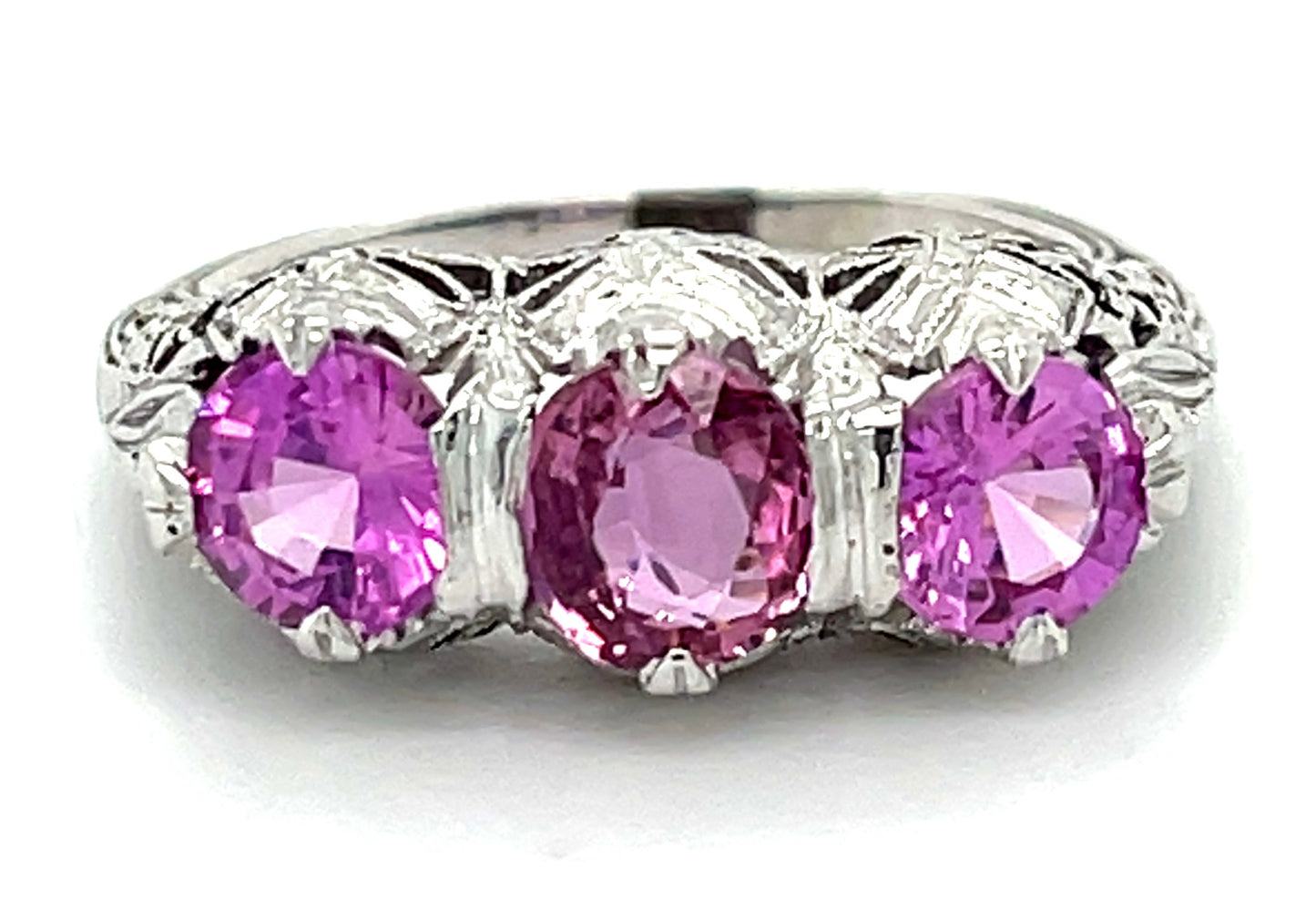 Art Deco 1.09ct Center Pink Sapphire 18KW Ring (Vintage 1930s) 1.65ct Side Sap