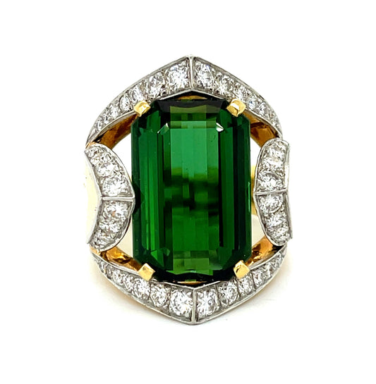 Estate  15.21ct Green Tourmaline &  2.01ctw Diamond PT/18K  19.52gr Ring Size 8