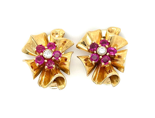 .20ct Diamond & 1.10ctw Ruby 14KY 11.32gr Retro Earrings Circa 1940s