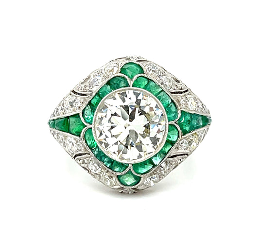 2.94ct European-cut Diamond &  Emerald PT  9.93gr Ring Handmade Size 7