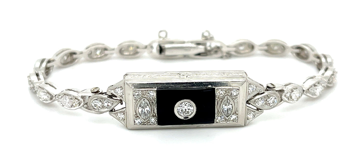 .25ct Diamond & Onyx PT/14K 17.00gr Bracelet Circa 1940s 2.50ct Sd