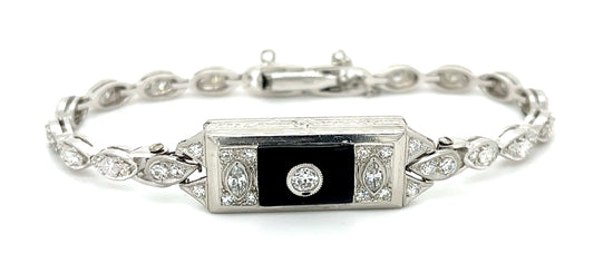 .25ct Diamond & Onyx PT/14K 17.00gr Bracelet Circa 1940s 2.50ct Sd