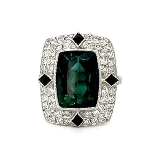 5.90ct Green Tourmaline &  0.92ctw Diamond PT  7.66gr Ring Handmade Size 7