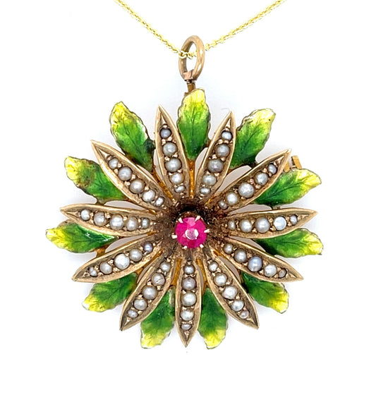 Estate  0.18ct Ruby &  Pearl 14KY  9.30gr Art Nouveau Pendant Circa 1900 Length