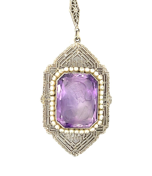 Art Deco Carved Amethyst & Pearl 14KW 7.60gr Pendant (Vintage 1930s) Length 18