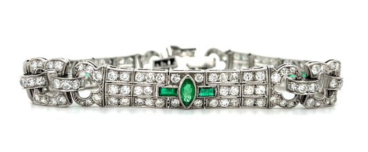 Estate  6.00ct Diamond &  1.40ctw Emerald PT  24.70gr Art Deco Bracelet Circa 19