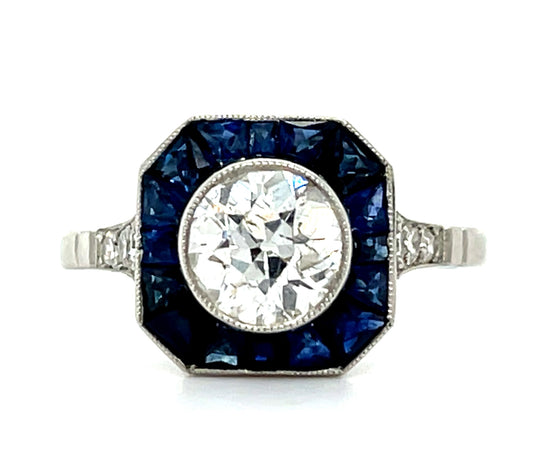 1.18ct European-cut Diamond &  1.10ctw Sapphire PT  3.91gr Ring Handmade .14ct S
