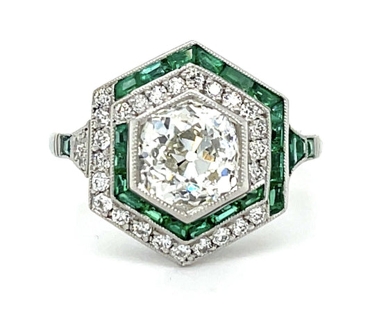 1.59ct Diamond European Cut &  1.20ctw Emerald PT  5.90gr Ring Size 6.75