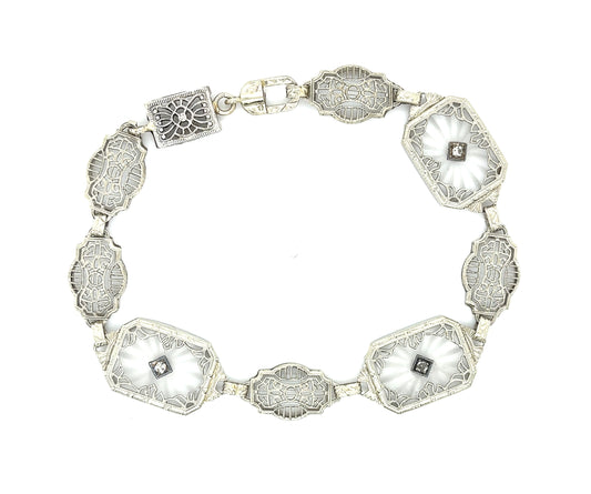 Art Deco .11ct Diamond & Crystal 10K 9.61gr Bracelet Circa 1930s