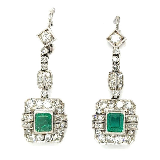 Estate  1.75ct Colombian Emerald &  2.00ctw Diamond Palladium  7.12gr Earrings