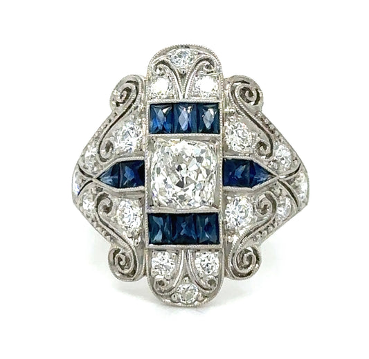 1.05ct (I SI3) Diamond Old Mine 1.10ctw Sapphire PT Ring Handmade