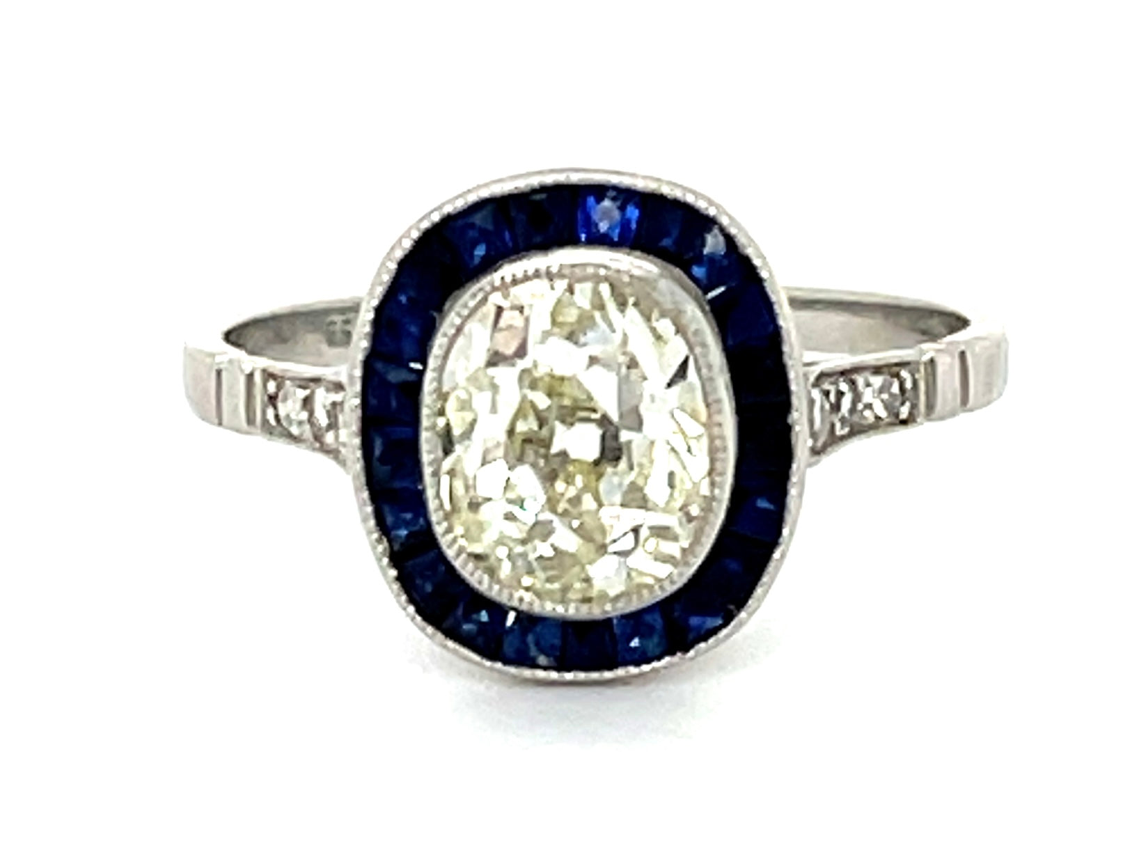 1.36ct Diamond Old Mine Cut &  0.74ctw Sapphire PT  3.46gr Ring .12ct Sd