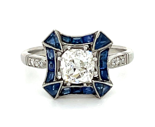 1.11ct Diamond Old Mine Cut &  1.12ctw Sapphire Ring .12ct Sd Size 6.75