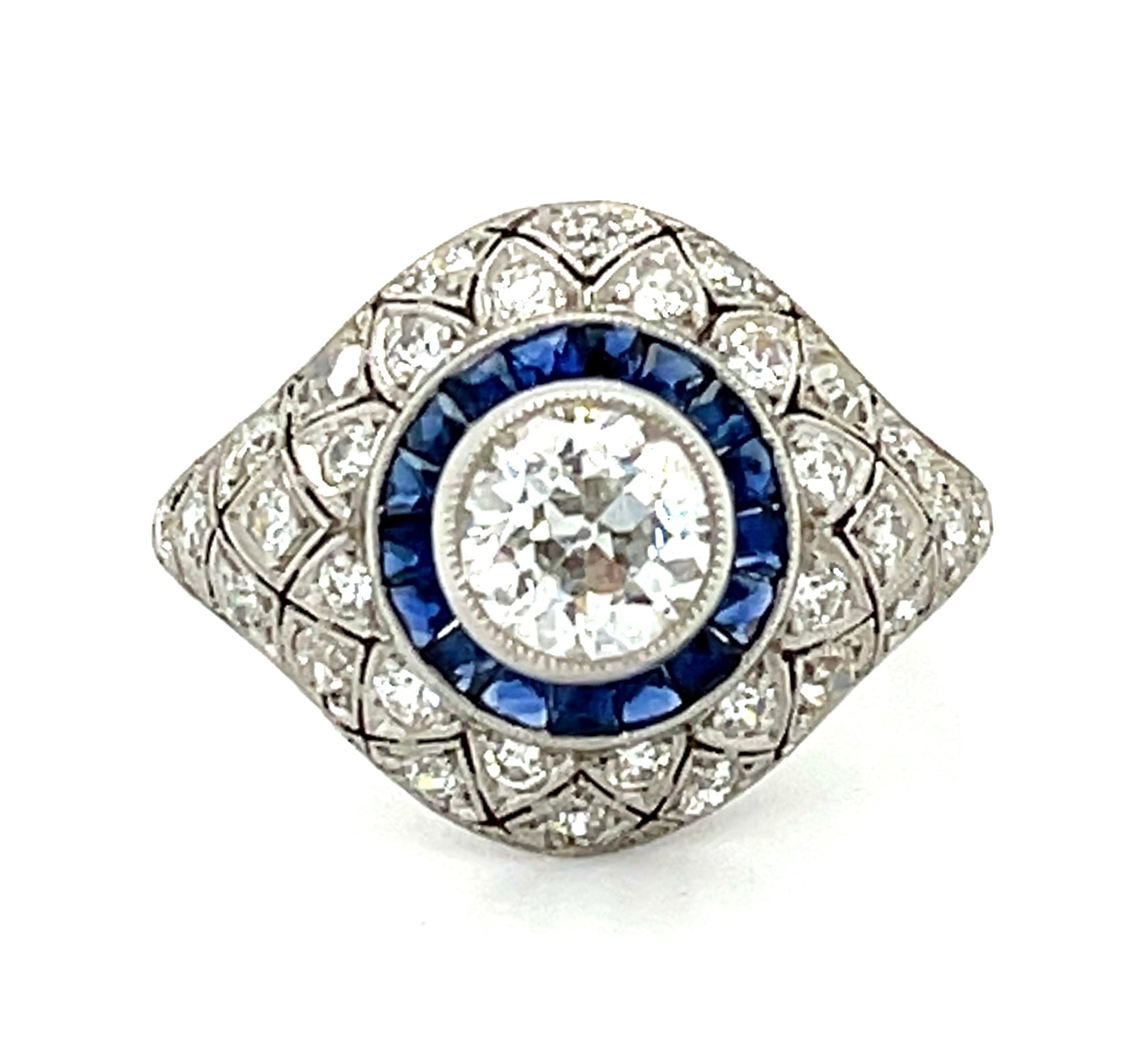 0.91ct European-cut Diamond &  0.98ctw Sapphire PT  5.20gr Ring Size 7.25