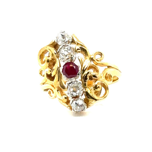 Estate  0.60ct Diamond &  0.15ctw Ruby 18KY  6.90gr Ring Circa 1915