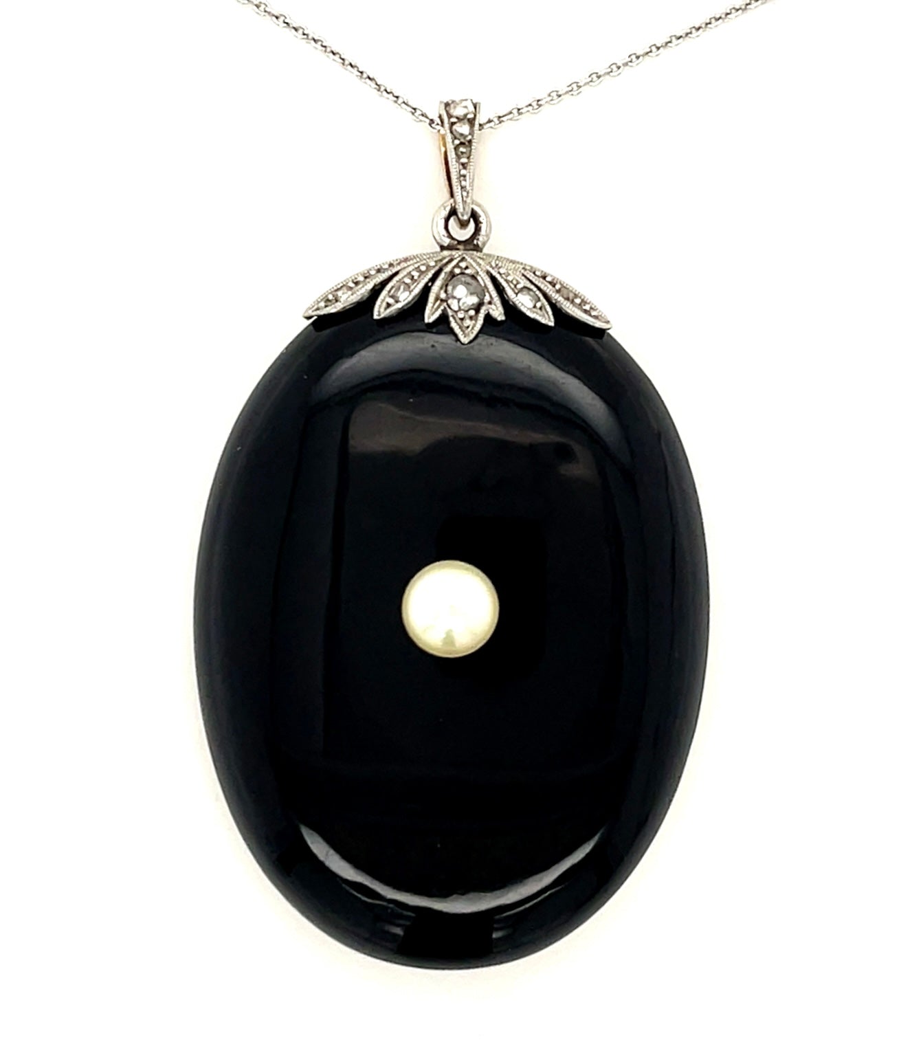 Edwardian .10ct Diamond Onyx 18K+PT Locket/Pendant (Antique 1880s) Natural Pearl
