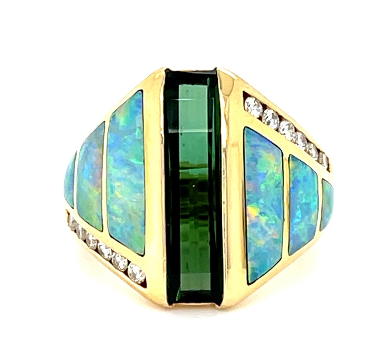 2.66ct Inlaid Opal &  2.36ctw Tourmaline 14KY  8.06gr Ring .18ct Sd Designer Kab