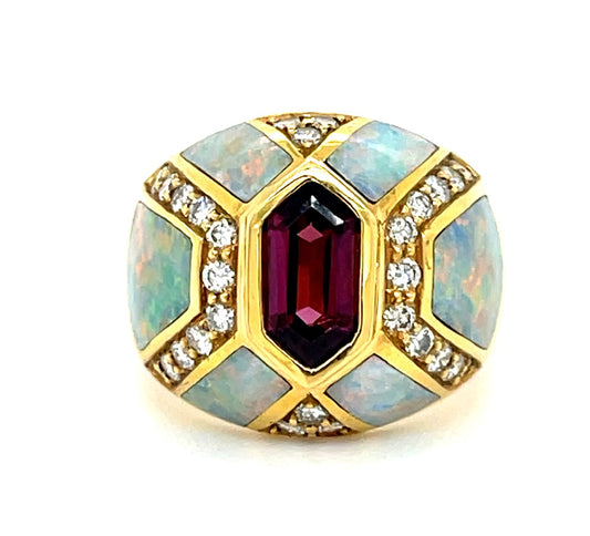 1.00ct Garnet &  4.00ctw Opal 14KY  12.00gr Ring .50ct Sd Designer Kabana Size 6