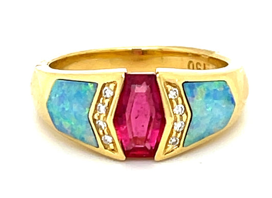 Kabana .90ct Tourmaline & 1.33ct Inlaid Opal 18KY 8.38gr Ring .04ct Dia