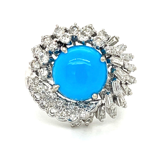 9.94ct Turquoise & 1.35ctw Diamond 14KW Ring Circa 1970s
