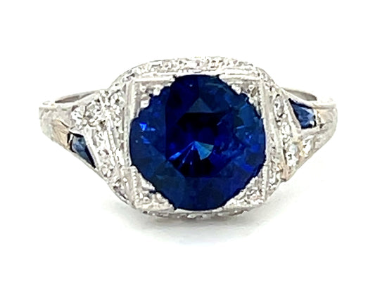 Estate  2.89ct Sapphire &  0.52ctw Diamond PT  3.92gr Art Deco Ring Circa 1920s