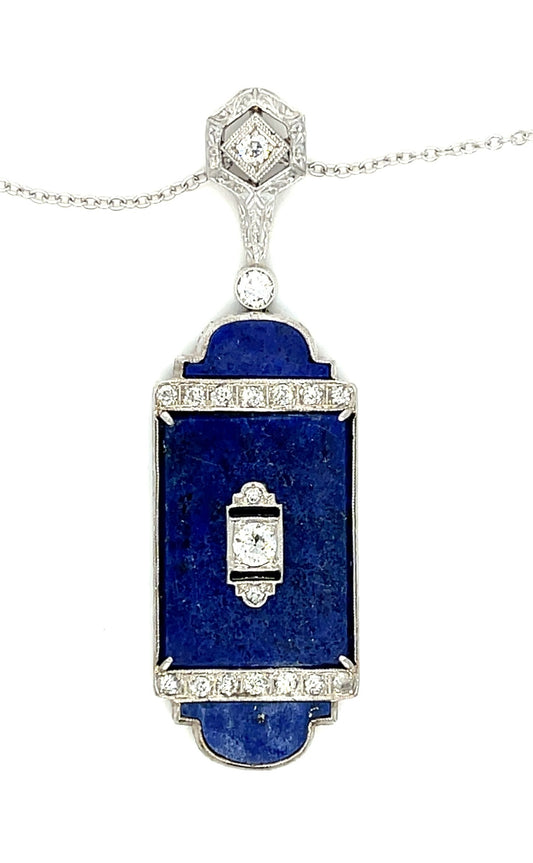 .20ct Diamond & Lapis Lazuli PT 9.30gr Art Deco Pendant Circa 1920s .56ct Dia