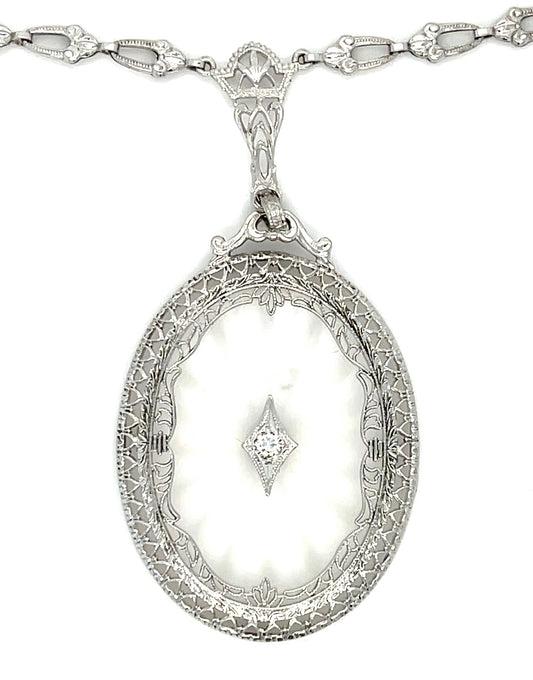 Estate  0.06ct Diamond &  Quartz 14KW  10.80gr Art Deco Pendant Circa 1920s Leng